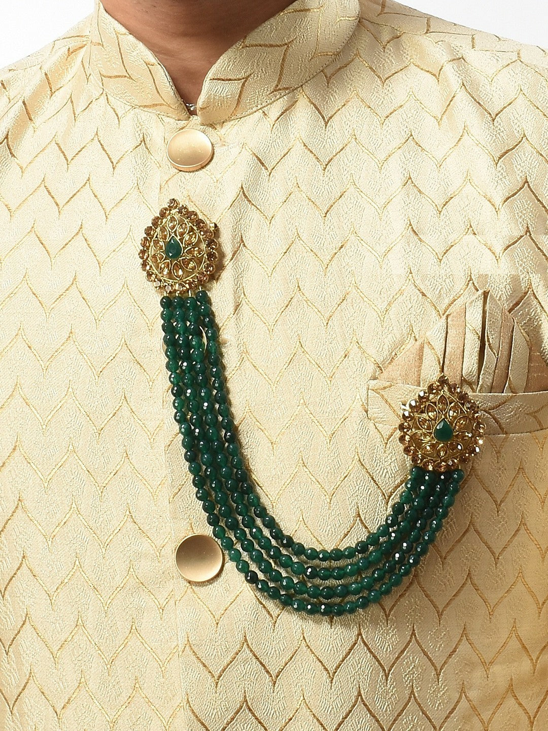 Gold-Toned & Green Stone Studded Brooch – Elegant Pin for Ethnic & Formal Wear