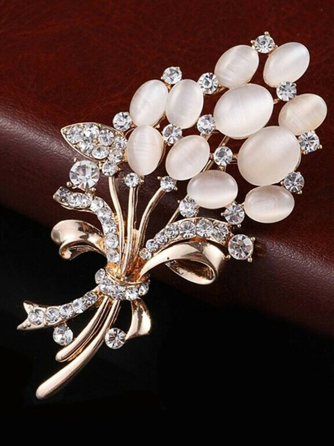 Gold-Toned Opal & White Stone Brooch – Elegant Wheat Flower Saree Pin