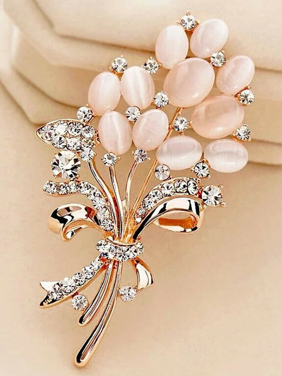 Gold-Toned Opal & White Stone Brooch – Elegant Wheat Flower Saree Pin