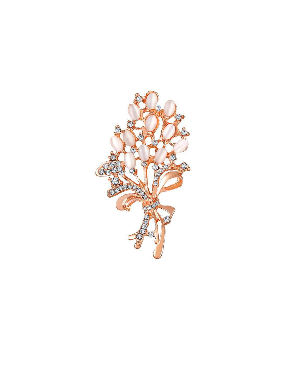 Gold-Toned Opal & White Stone Brooch – Elegant Wheat Flower Saree Pin