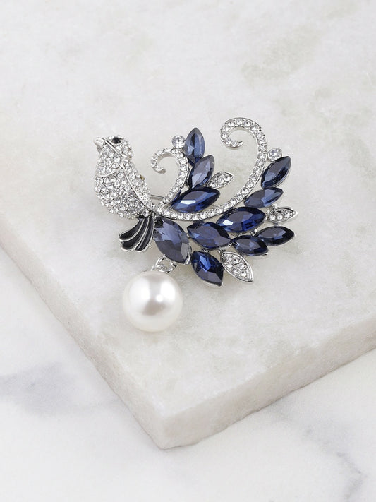 Navy Blue & Silver Bird Brooch with Stone Studded Design & Beaded Dangler – Elegant Pin for Men & Women