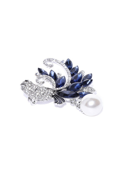 Navy Blue & Silver Bird Brooch with Stone Studded Design & Beaded Dangler – Elegant Pin for Men & Women