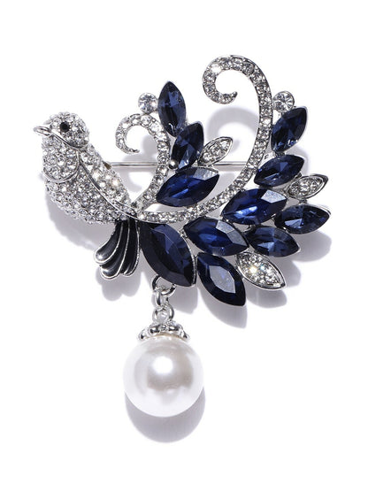 Navy Blue & Silver Bird Brooch with Stone Studded Design & Beaded Dangler – Elegant Pin for Men & Women