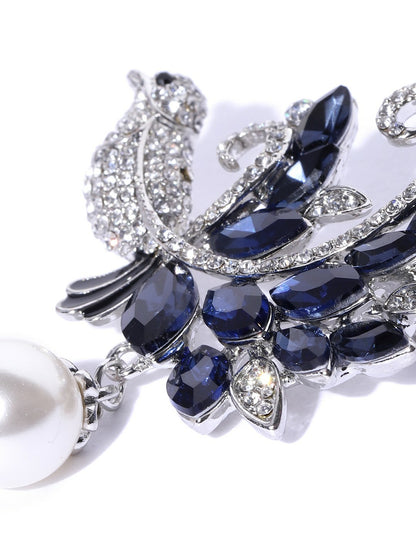 Navy Blue & Silver Bird Brooch with Stone Studded Design & Beaded Dangler – Elegant Pin for Men & Women