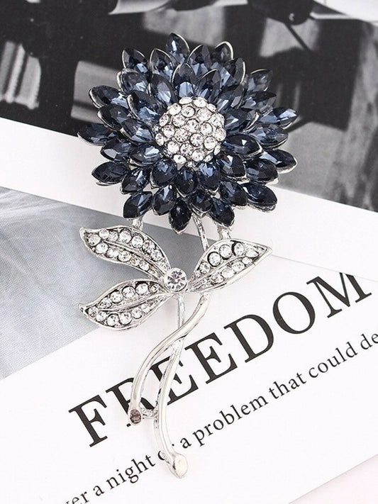 Elegant Silver-Plated Floral Brooch with White & Blue Stones – Stylish Accessory for Men & Women