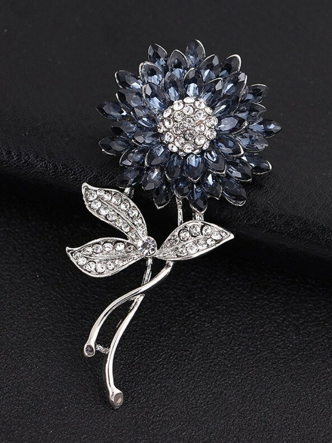 Elegant Silver-Plated Floral Brooch with White & Blue Stones – Stylish Accessory for Men & Women