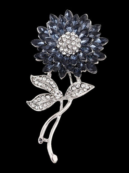 Elegant Silver-Plated Floral Brooch with White & Blue Stones – Stylish Accessory for Men & Women