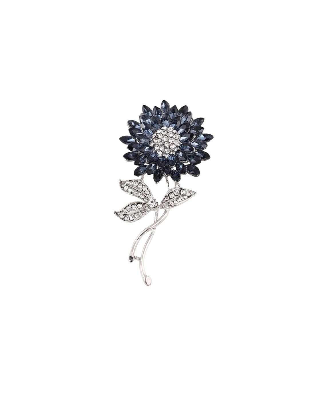 Elegant Silver-Plated Floral Brooch with White & Blue Stones – Stylish Accessory for Men & Women