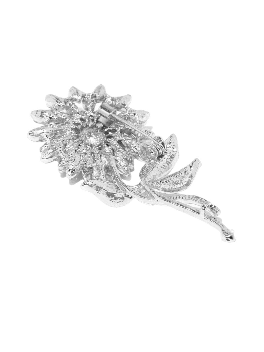 Elegant Silver-Plated Floral Brooch with White & Blue Stones – Stylish Accessory for Men & Women