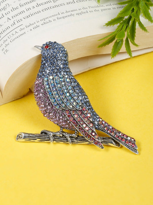 Elegant Silver-Toned Bird Brooch – Crystal Studded Lapel Pin for Men & Women