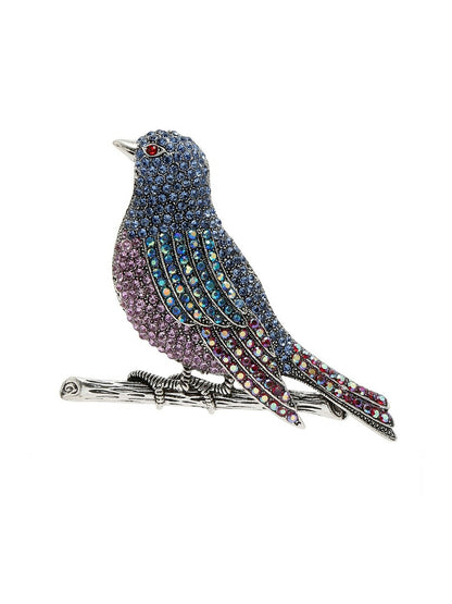 Elegant Silver-Toned Bird Brooch – Crystal Studded Lapel Pin for Men & Women