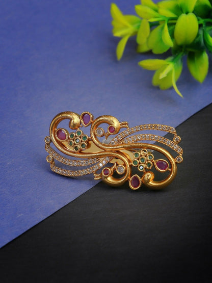 Gold-Plated Peacock Brooch – Elegant Ethnic Pin with Intricate Textured Design