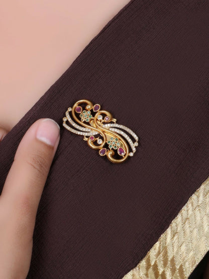 Gold-Plated Peacock Brooch – Elegant Ethnic Pin with Intricate Textured Design