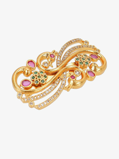 Gold-Plated Peacock Brooch – Elegant Ethnic Pin with Intricate Textured Design