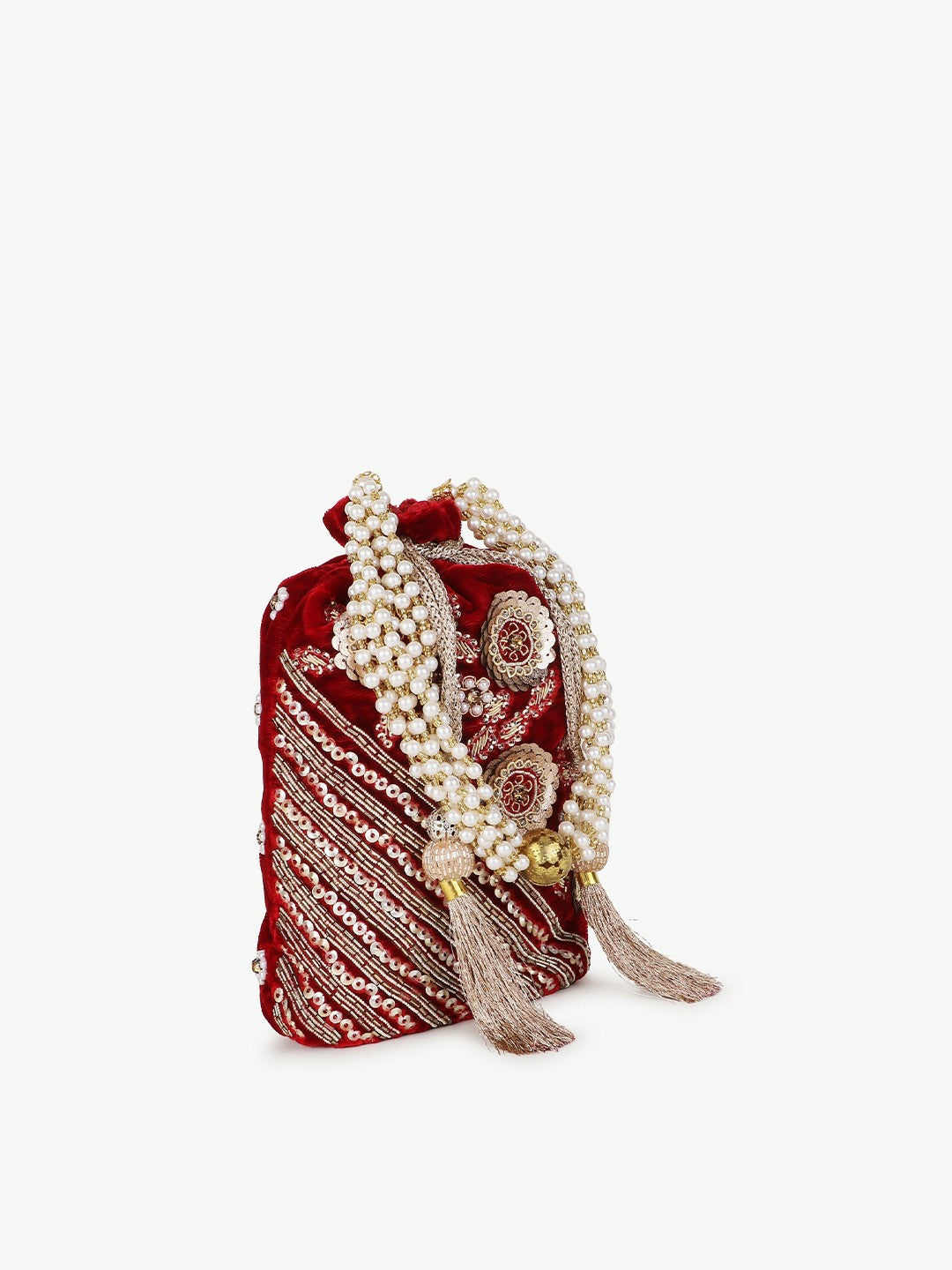 Buy Maroon & Gold-Toned Embellished Potli Clutch | Elegant Tasselled Potli Bag – Indiaista