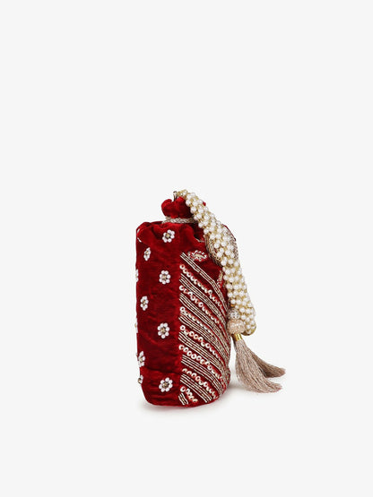 Buy Maroon & Gold-Toned Embellished Potli Clutch | Elegant Tasselled Potli Bag – Indiaista