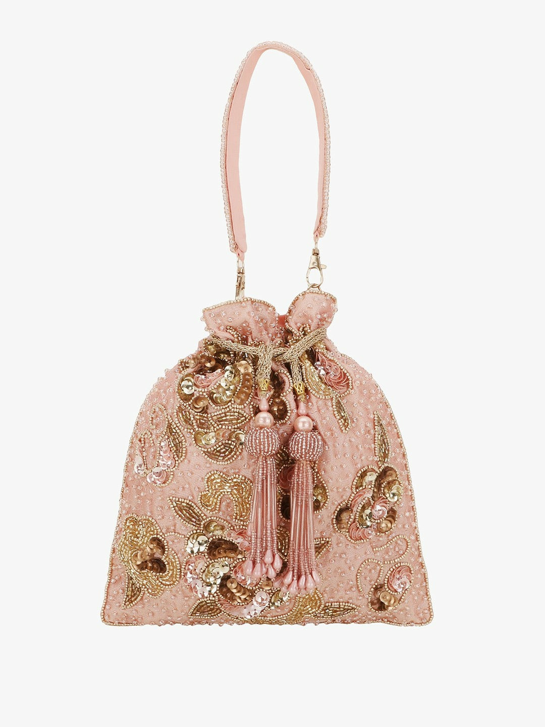 Buy Pink & Gold-Toned Embellished Tasselled Potli Clutch | Indiaista