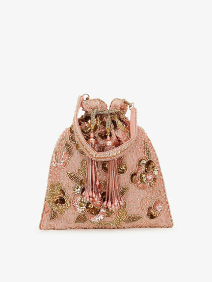 Buy Pink & Gold-Toned Embellished Tasselled Potli Clutch | Indiaista