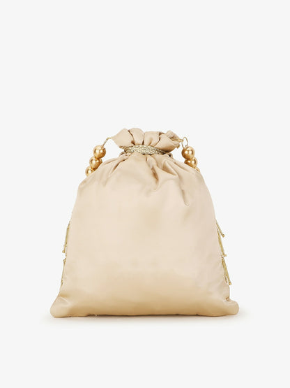 Buy Champagne & White Embellished Tasselled Potli Clutch – Elegant Women’s Potli Bags