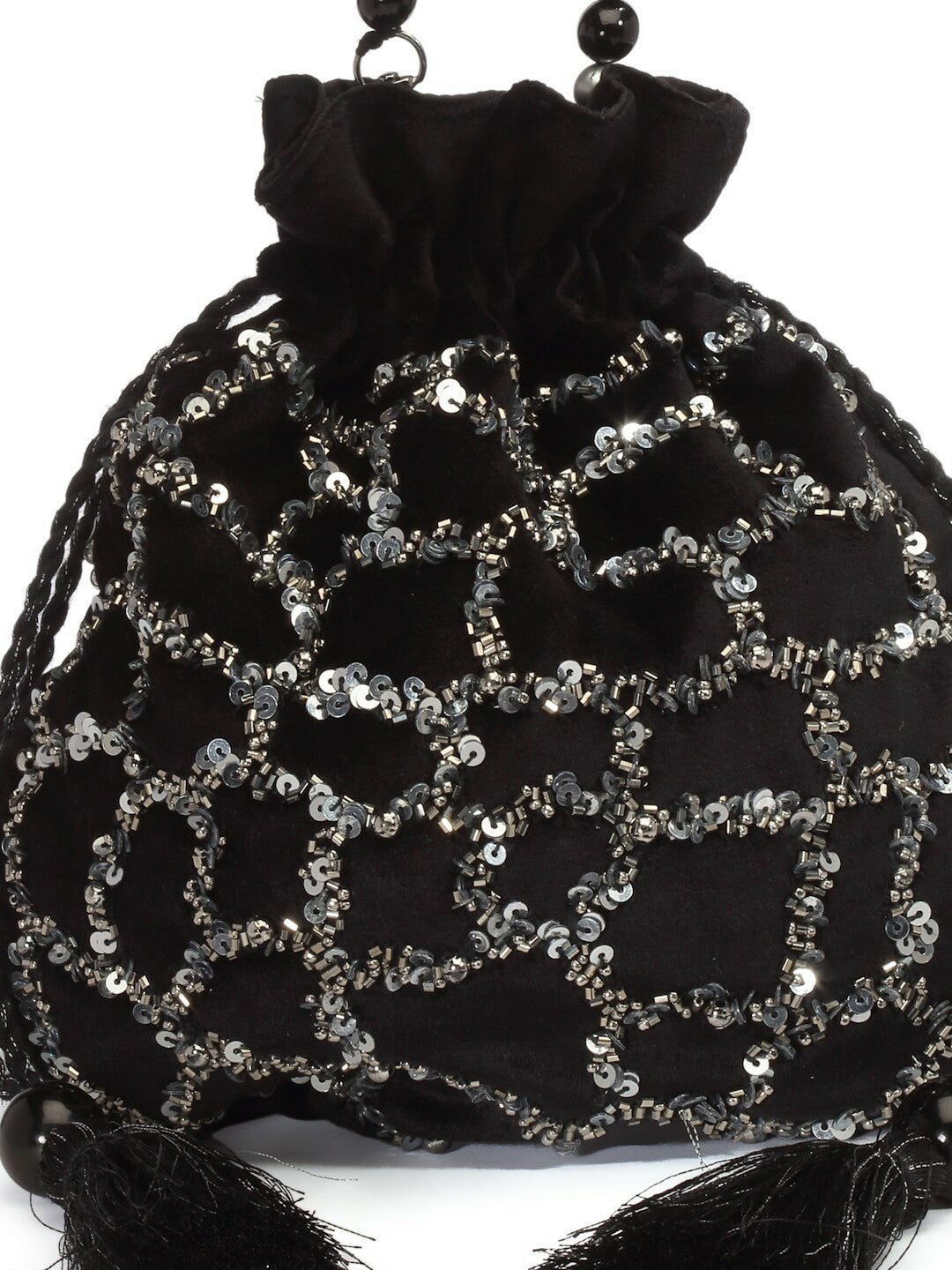 Buy Black & Grey Embellished Tasselled Potli Clutch Online – Indiaista