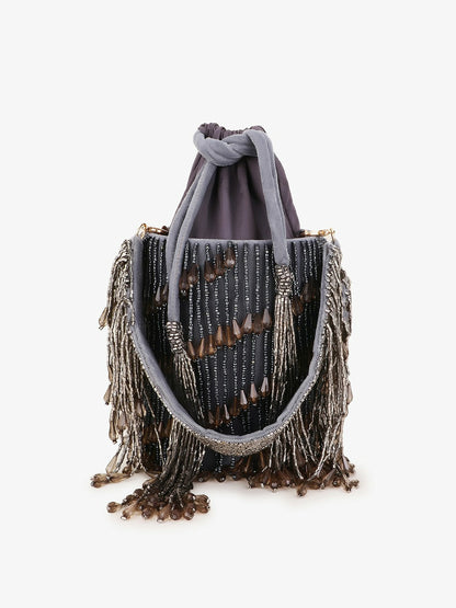 Buy Grey & Charcoal Embellished Tasselled Potli Bags Online | Indiaista