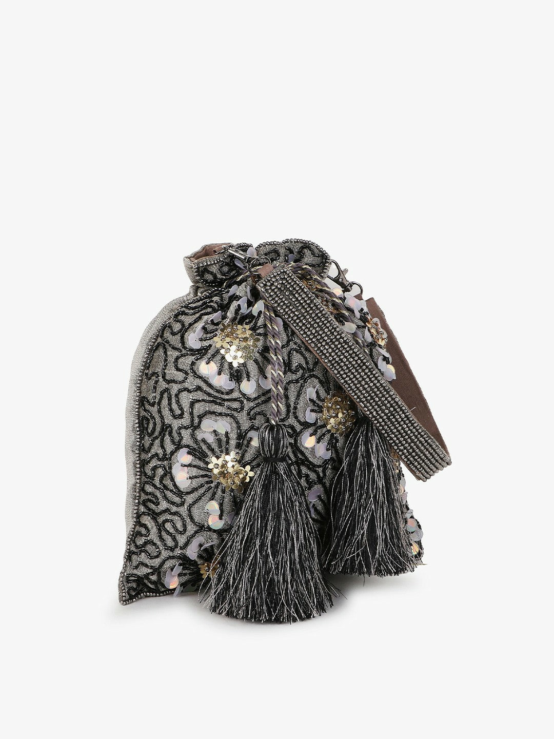 Buy Grey & Black Embellished Tasselled Potli Clutch Bag Online – Indiaista