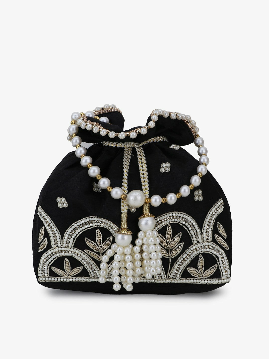 Buy Grey & Black Embellished Tasselled Potli Bags Online | Indiaista