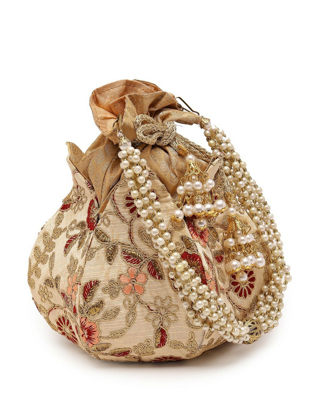 Buy Beige & Gold-Toned Pearl Embellished Potli Bag with Tassels | Indiaista