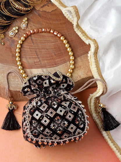 Buy Elegant Black & Gold Embroidered Tasselled Potli Bags Online – Indiaista