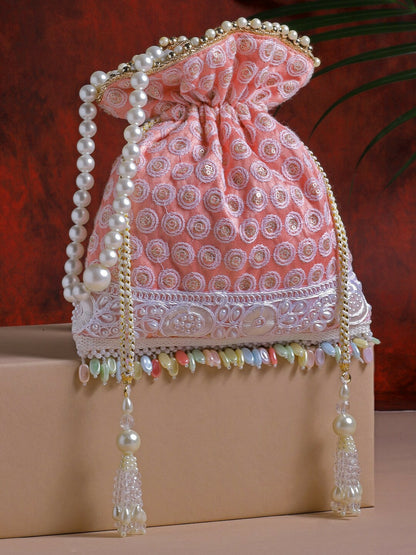 Buy Pink & White Embroidered Potli Bag with Tasseled Detail | Indiaista