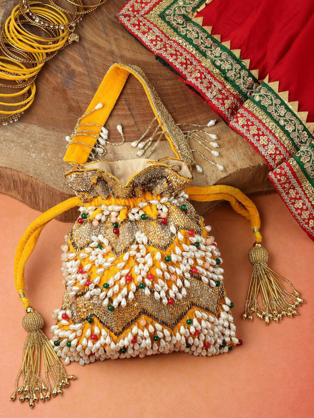 Buy Yellow & White Embellished Tasselled Potli Clutch – Stylish Potli Bags Online