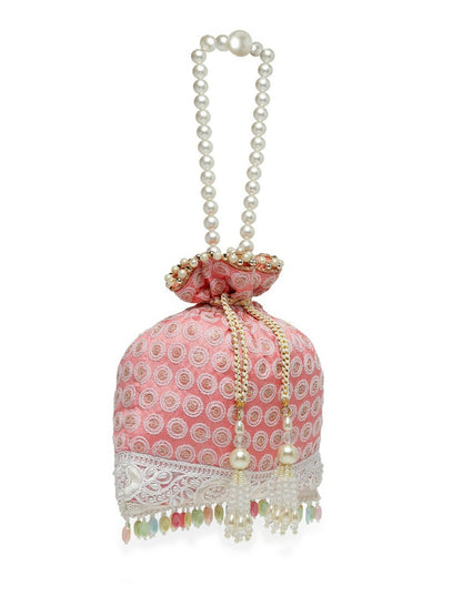 Buy Pink & White Embroidered Potli Bag with Tasseled Detail | Indiaista