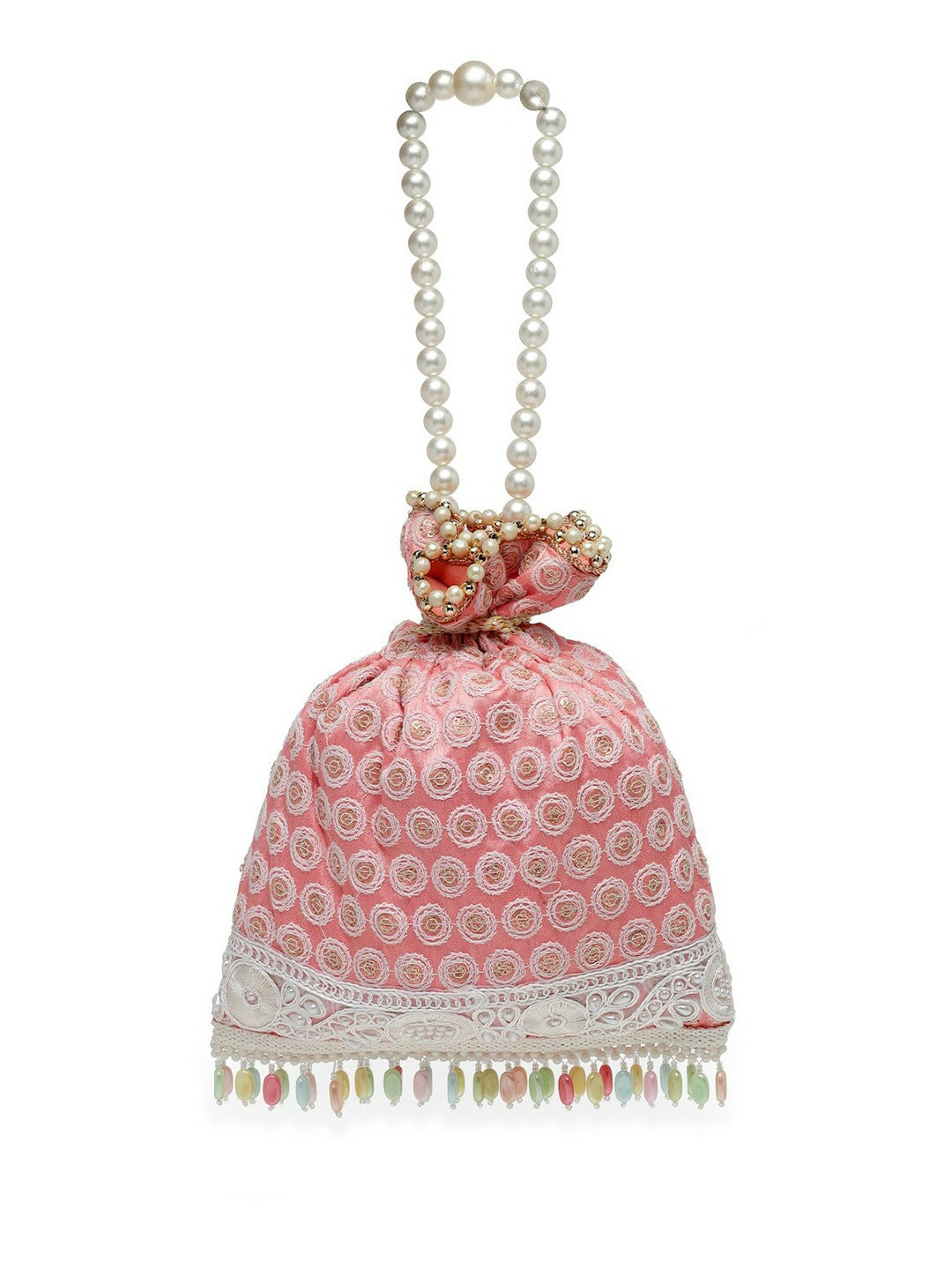 Buy Pink & White Embroidered Potli Bag with Tasseled Detail | Indiaista