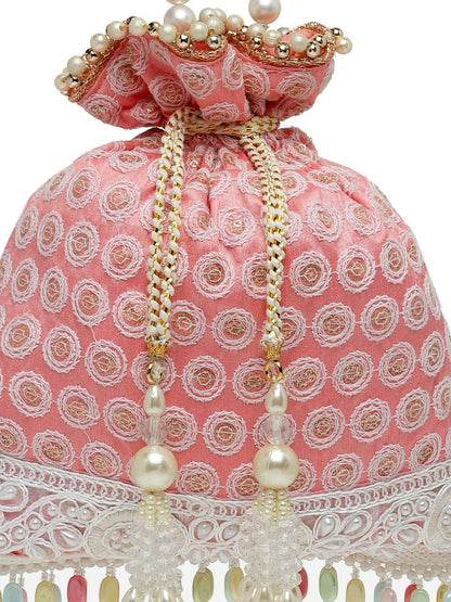 Buy Pink & White Embroidered Potli Bag with Tasseled Detail | Indiaista