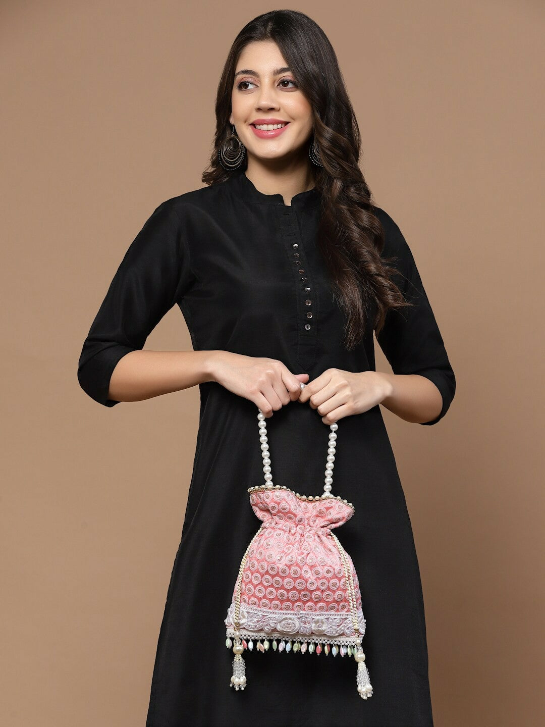 Buy Pink & White Embroidered Potli Bag with Tasseled Detail | Indiaista