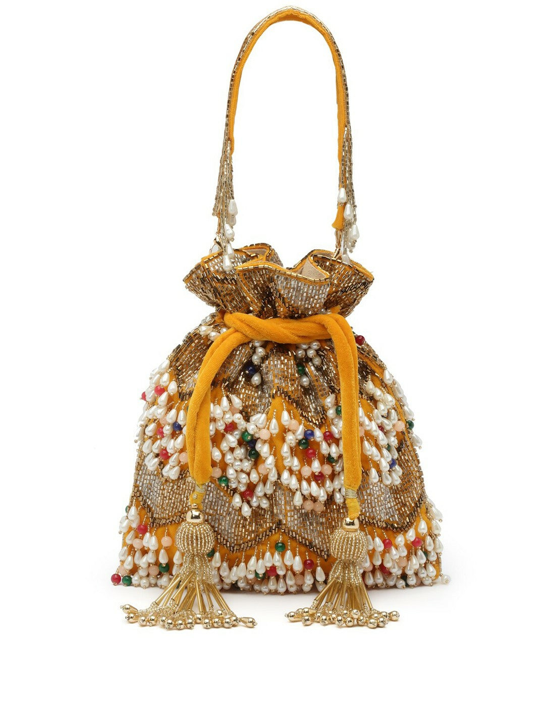 Buy Yellow & White Embellished Tasselled Potli Clutch – Stylish Potli Bags Online