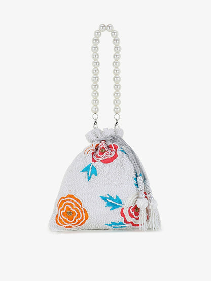 Buy White & Multi Velvet Floral Embellished Potli Bag Online – Indiaista