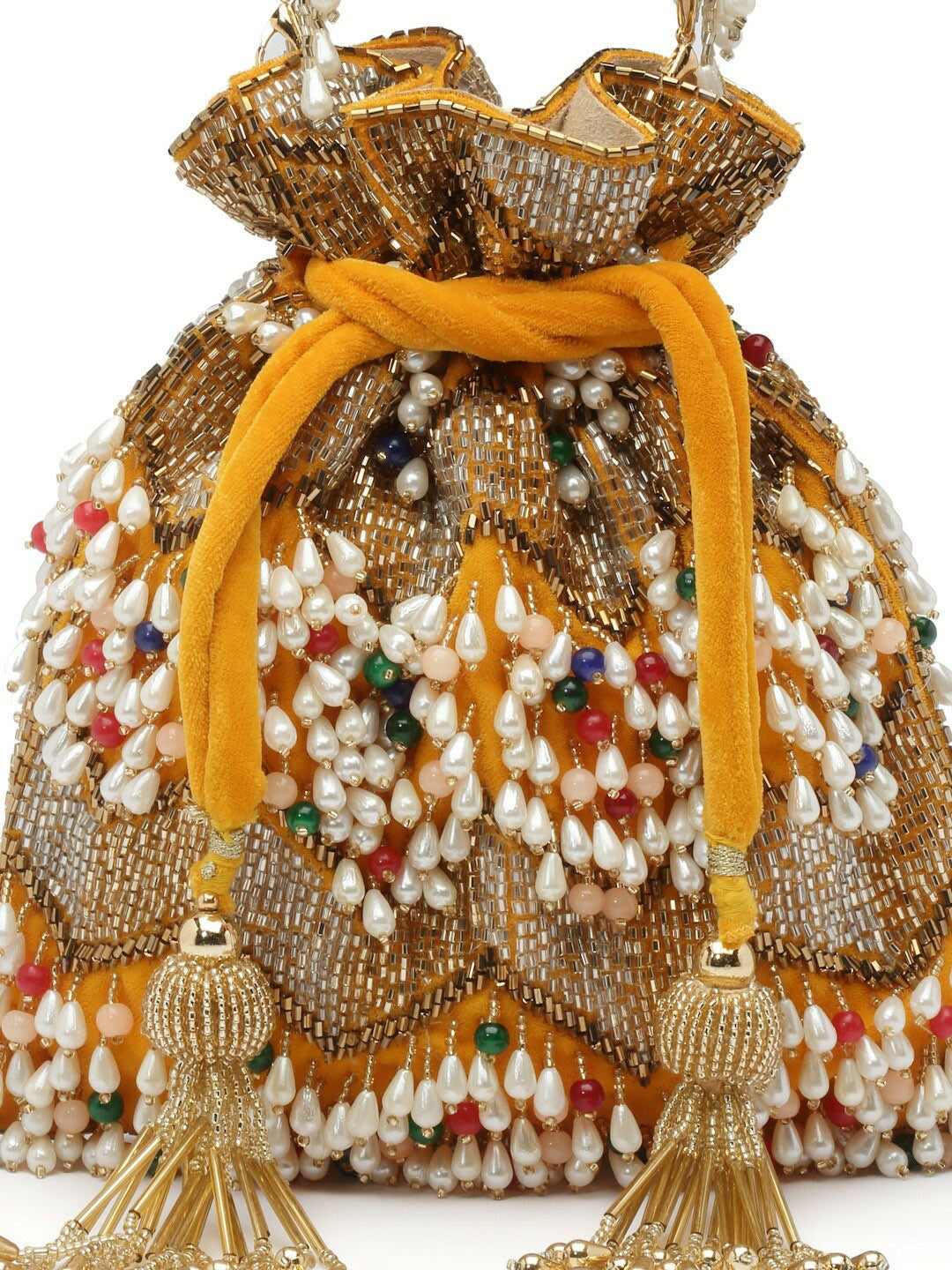 Buy Yellow & White Embellished Tasselled Potli Clutch – Stylish Potli Bags Online