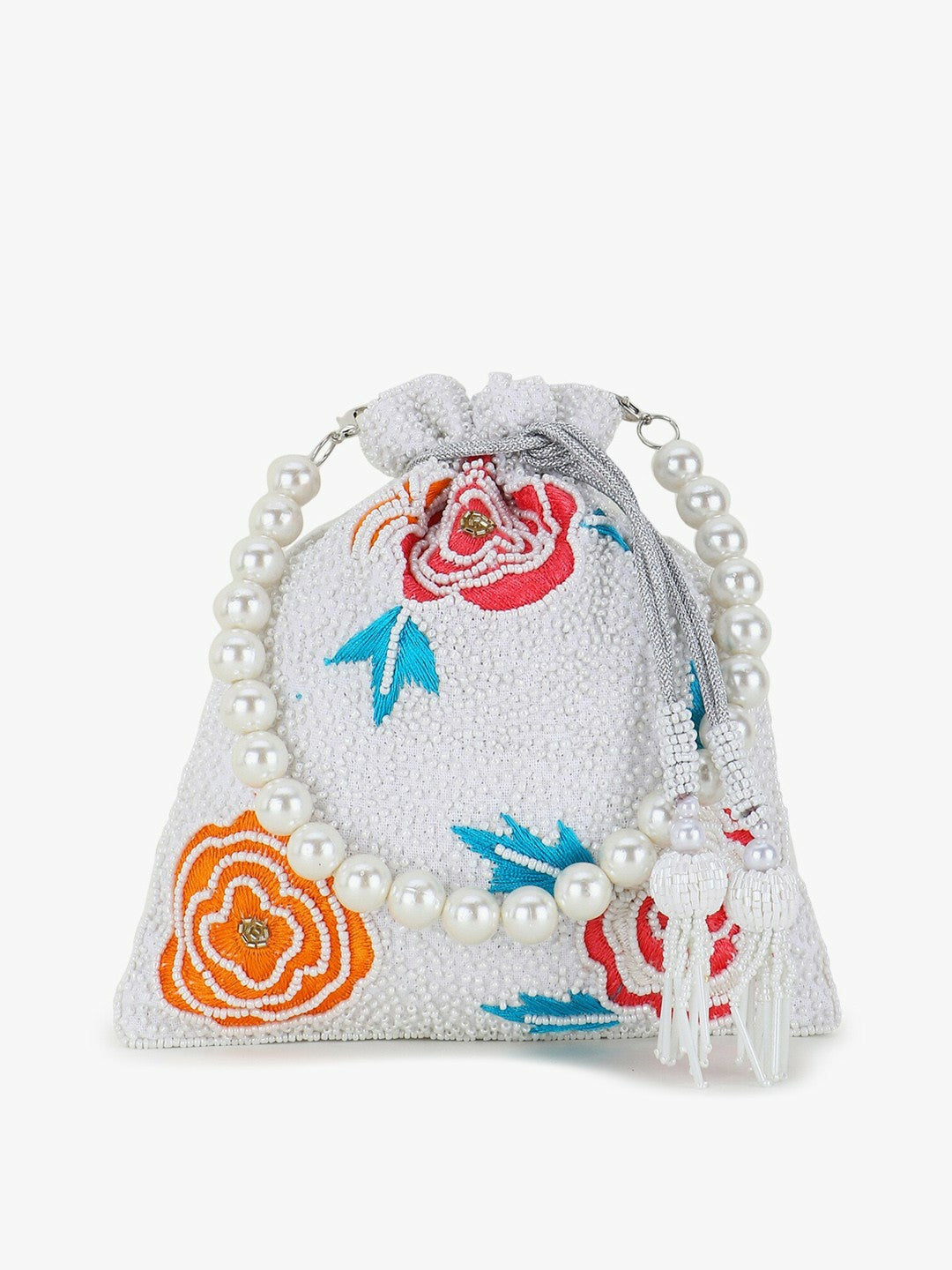 Buy White & Multi Velvet Floral Embellished Potli Bag Online – Indiaista