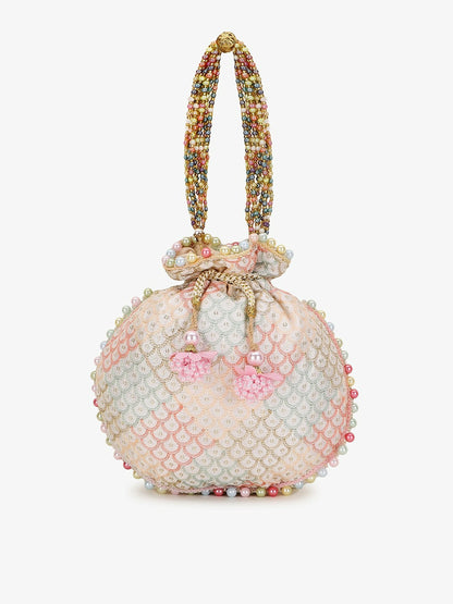 Buy Off White & Pink Embellished Tasselled Potli Clutch Bag Online | Indiaista