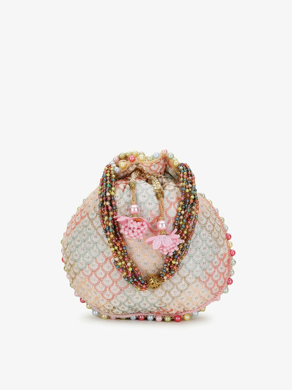 Buy Off White & Pink Embellished Tasselled Potli Clutch Bag Online | Indiaista