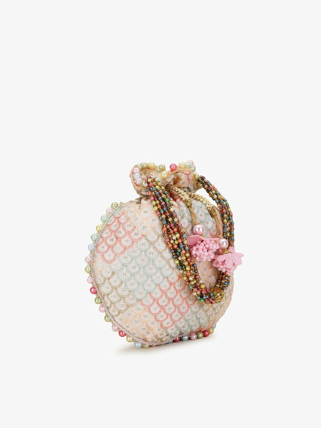 Buy Off White & Pink Embellished Tasselled Potli Clutch Bag Online | Indiaista