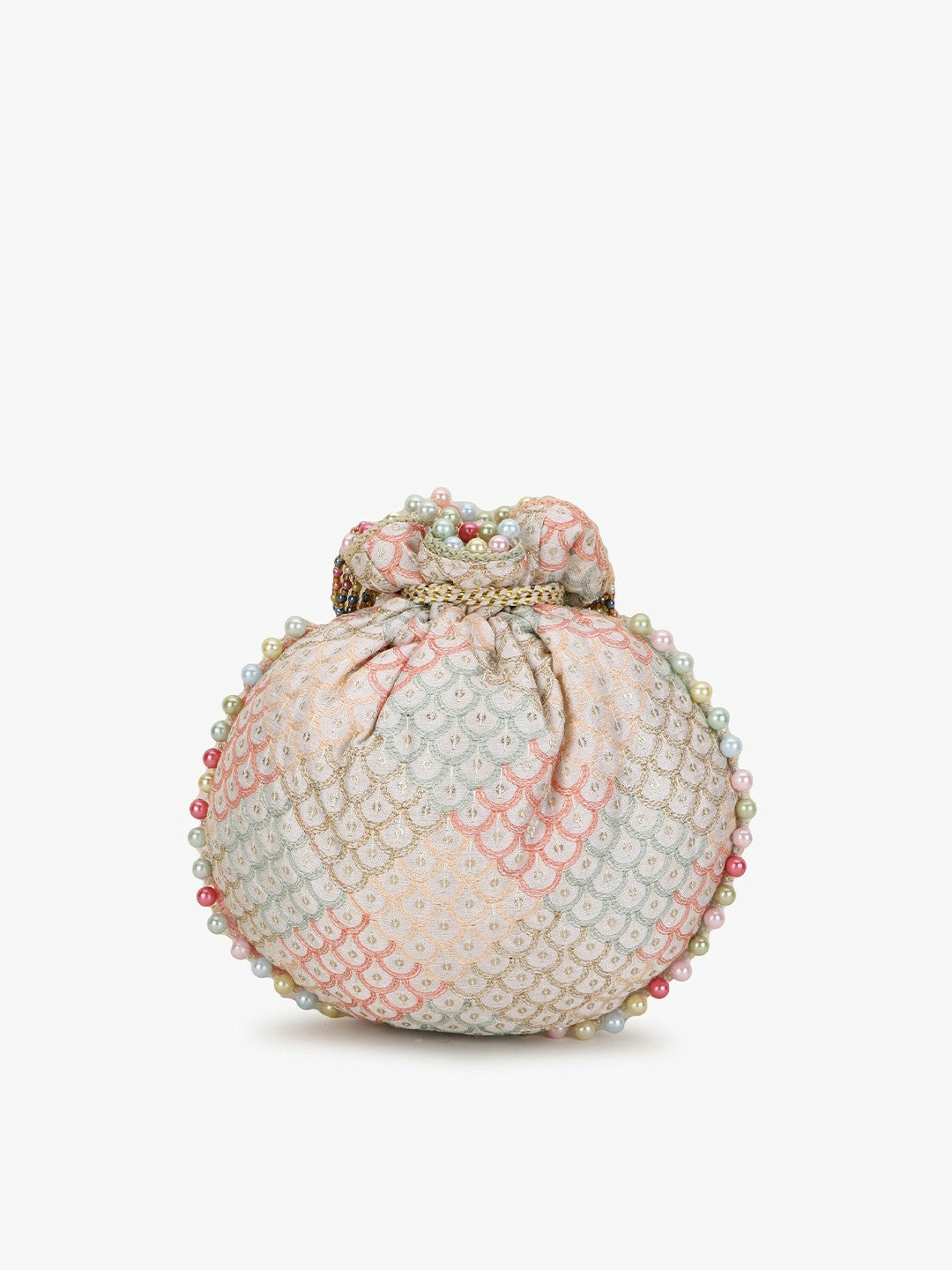 Buy Off White & Pink Embellished Tasselled Potli Clutch Bag Online | Indiaista