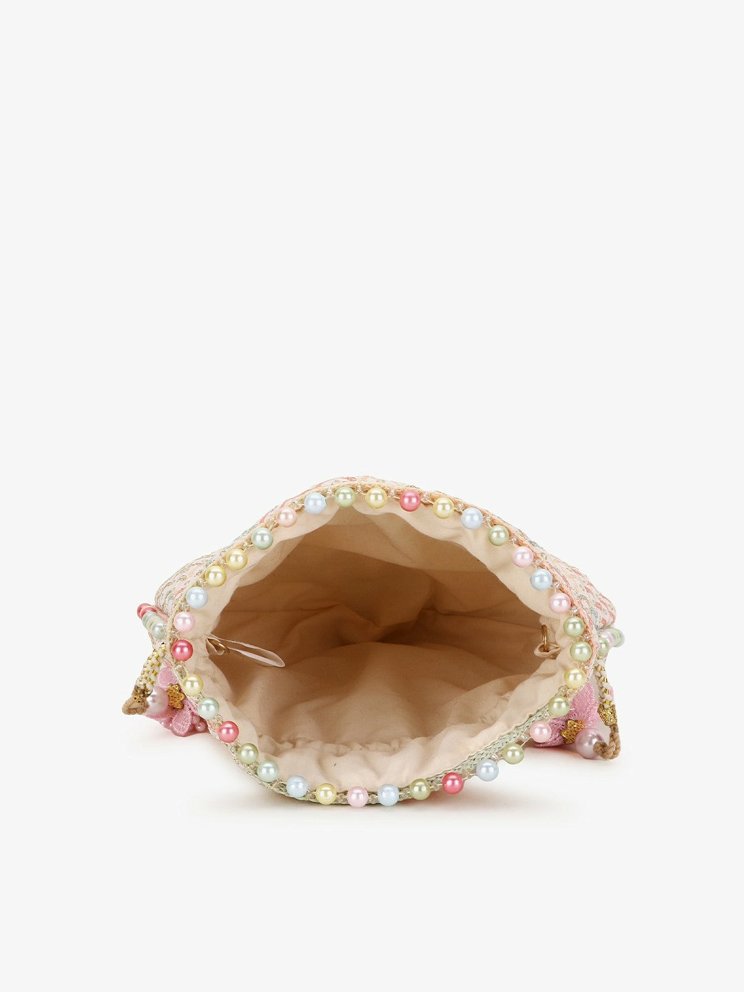 Buy Off White & Pink Embellished Tasselled Potli Clutch Bag Online | Indiaista