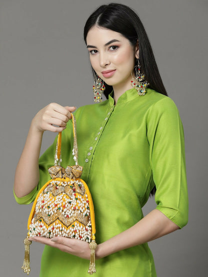 Buy Yellow & White Embellished Tasselled Potli Clutch – Stylish Potli Bags Online