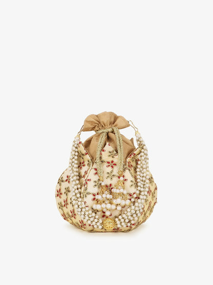 Buy Women’s Cream & Gold Embroidered Potli Clutch Bag Online – Indiaista