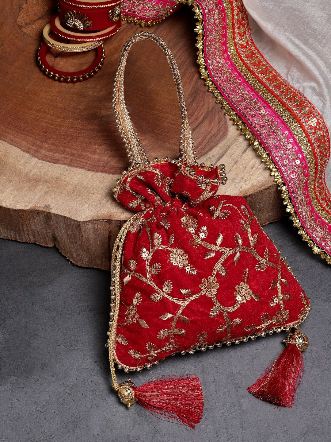 Buy Red & Gold Embroidered Potli Bag – Elegant Floral Design | Indiaista