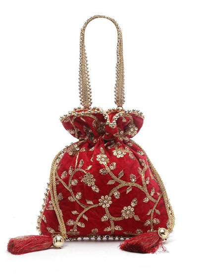 Buy Red & Gold Embroidered Potli Bag – Elegant Floral Design | Indiaista