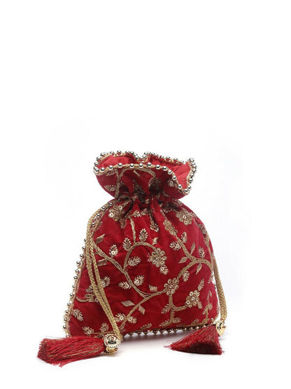 Buy Red & Gold Embroidered Potli Bag – Elegant Floral Design | Indiaista