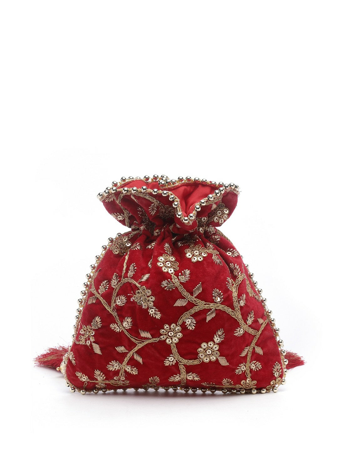 Buy Red & Gold Embroidered Potli Bag – Elegant Floral Design | Indiaista